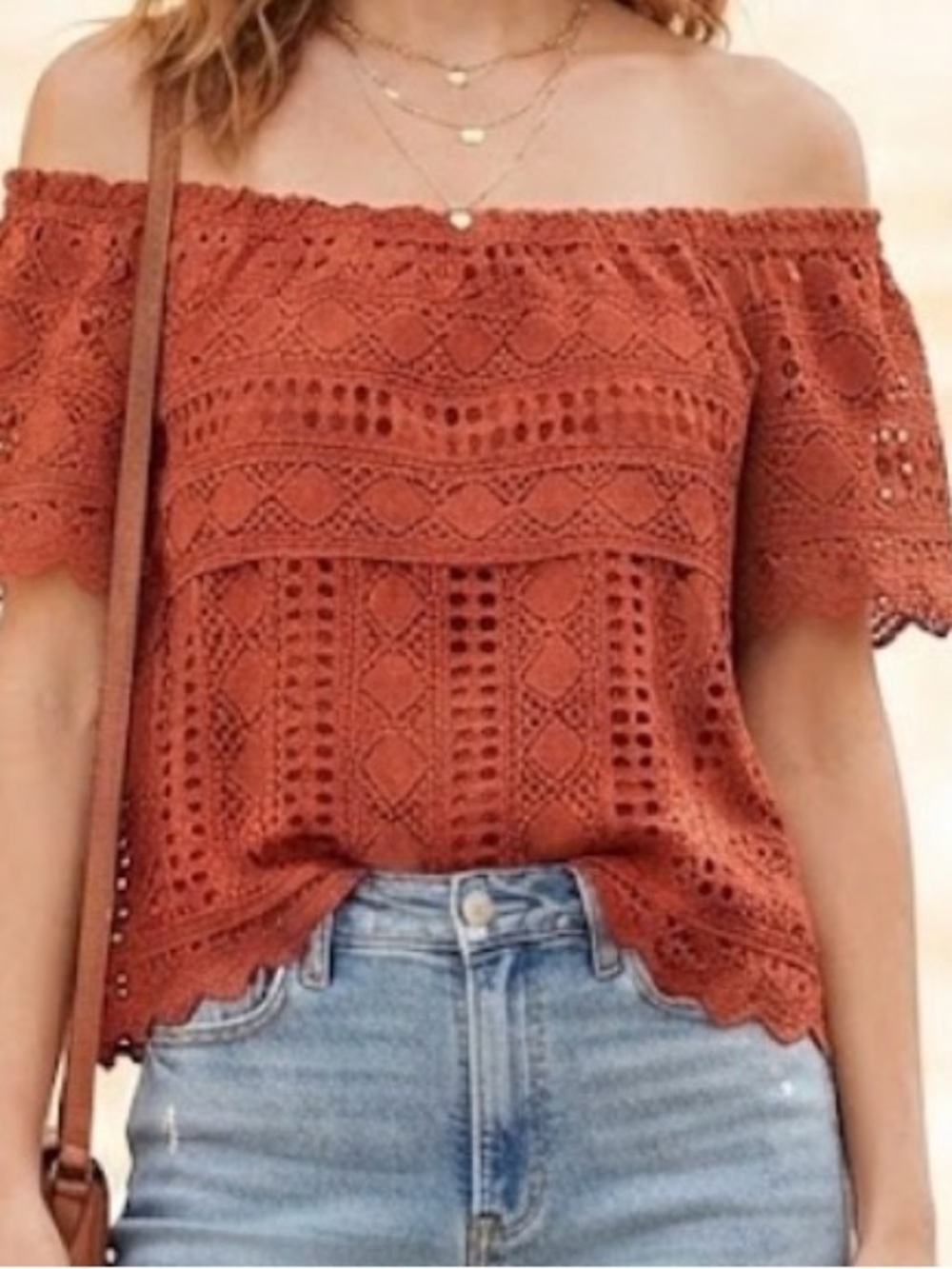Sunday in Brooklyn Anthropologie Rust Orange Crochet Lace Off-The-Shoulder Top